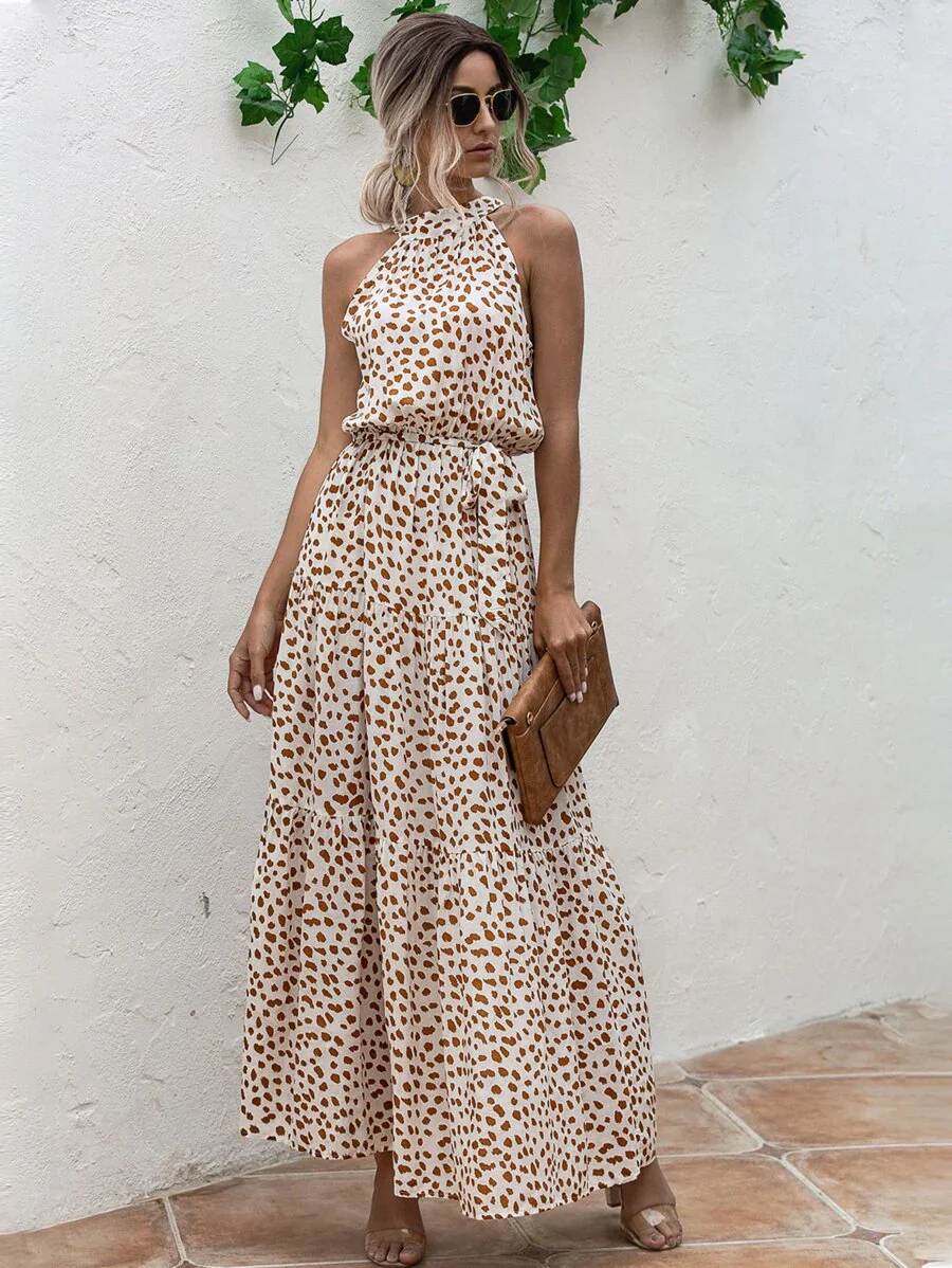 Petra – Maxikleid Damen Mit Muster Gürtel Und Trägerhals - Image 3