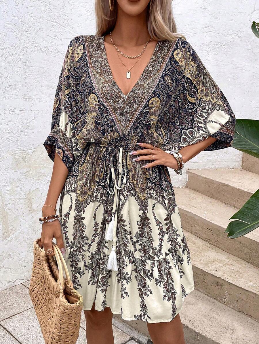 Philippa – Paisley Kleid Damen Fledermausärmel Quasten Urlaub - Image 3