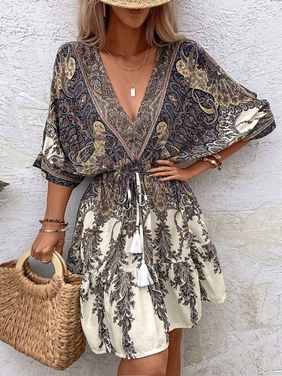 Philippa – Paisley Kleid Damen Fledermausärmel Quasten Urlaub - Image 5