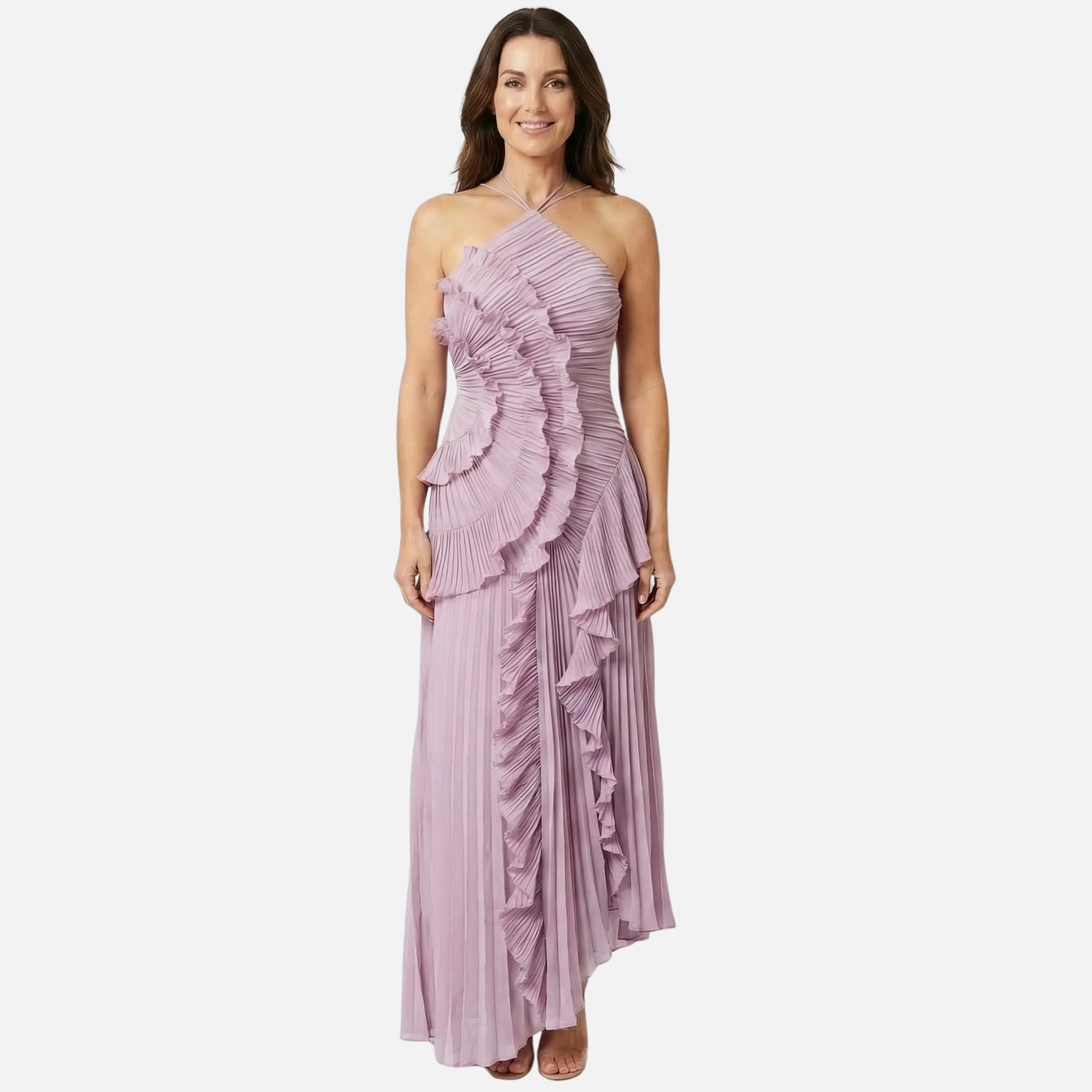 Frauke | Damen Plissee Chiffon Maxikleid Neckholder Rüschen – Plissee Maxi Rüschen - Image 2