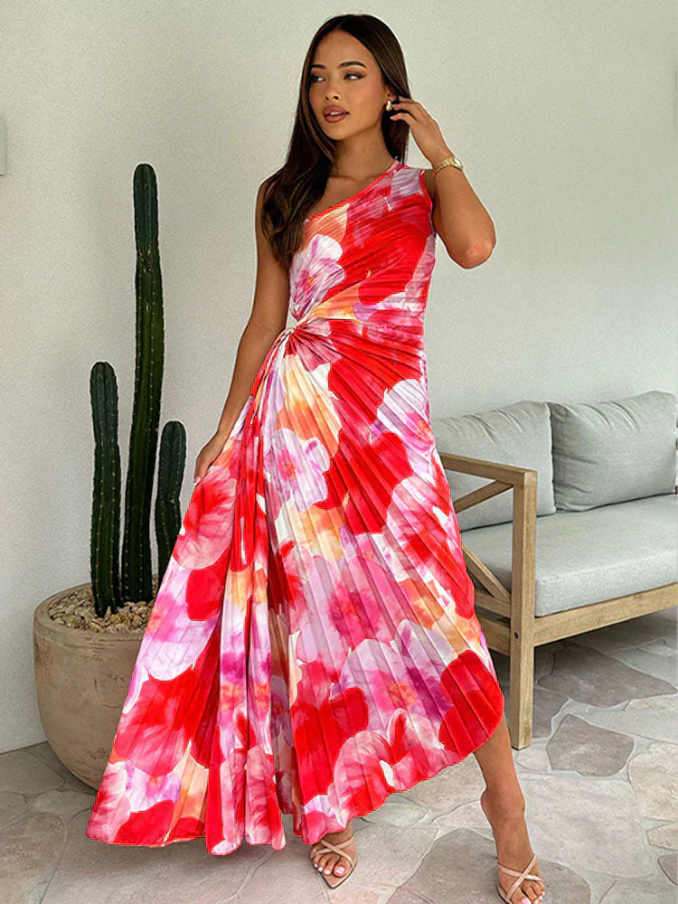 Plissiertes One-Shoulder-Kleid mit floralem Muster – Elegant & Feminin - Image 4