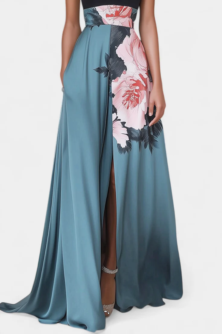 Radmila A-Linienkleid mit schwarzem Oberteil und blumigem Rock in Kontrastfarben - Image 2
