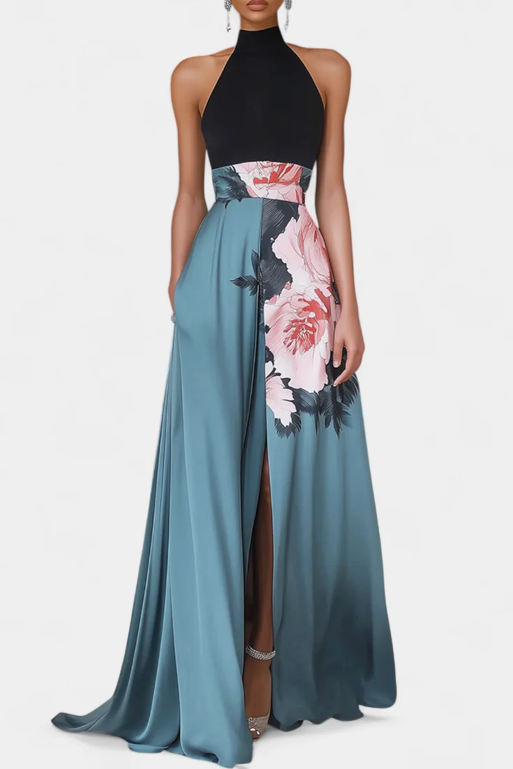 Radmila A-Linienkleid mit schwarzem Oberteil und blumigem Rock in Kontrastfarben - Image 3