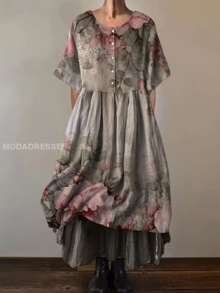 Retro Boho Blumenmuster Vintage Rundhals Kurzarm Midi Kleid - Image 2