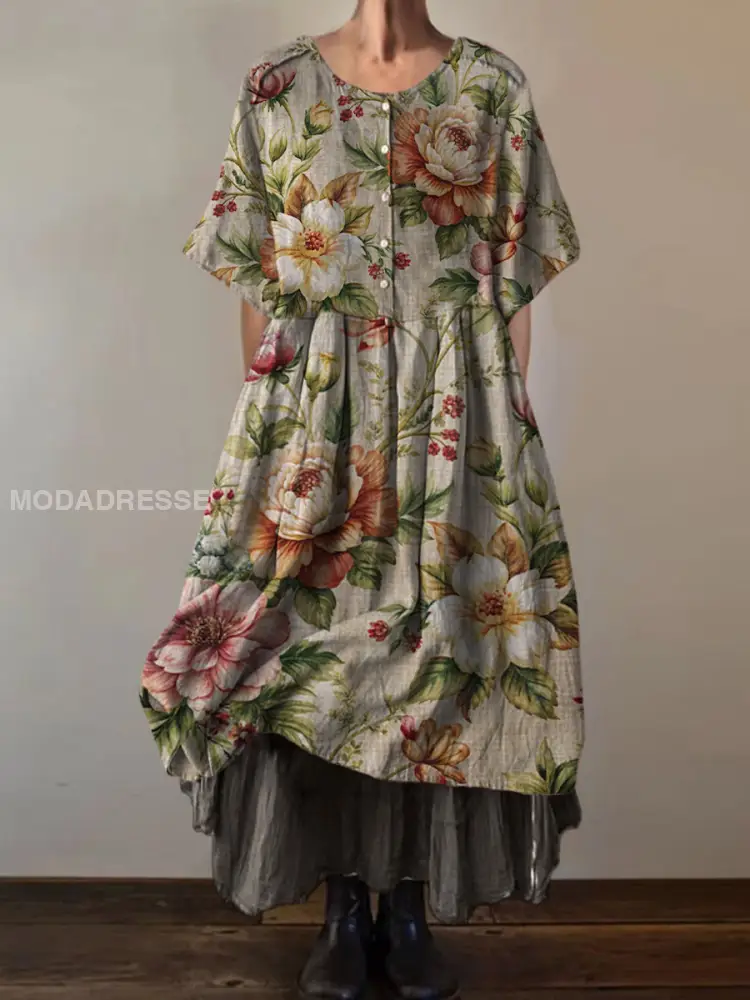 Retro Boho Blumenmuster Vintage Rundhals Kurzarm Midi Kleid - Image 3
