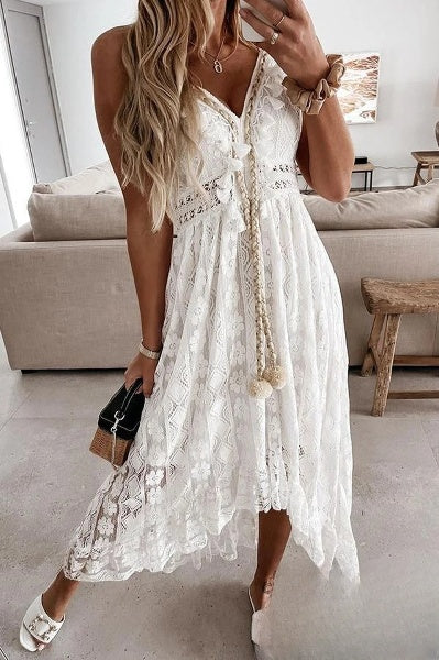 Romina- Weiße Spitzenfransen Kleid - Image 3