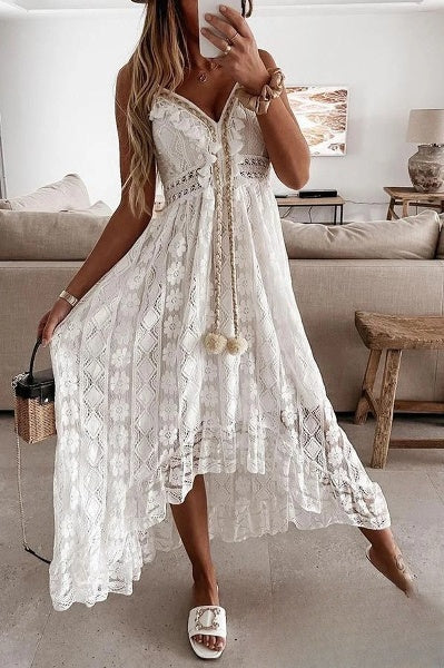 Romina- Weiße Spitzenfransen Kleid - Image 4