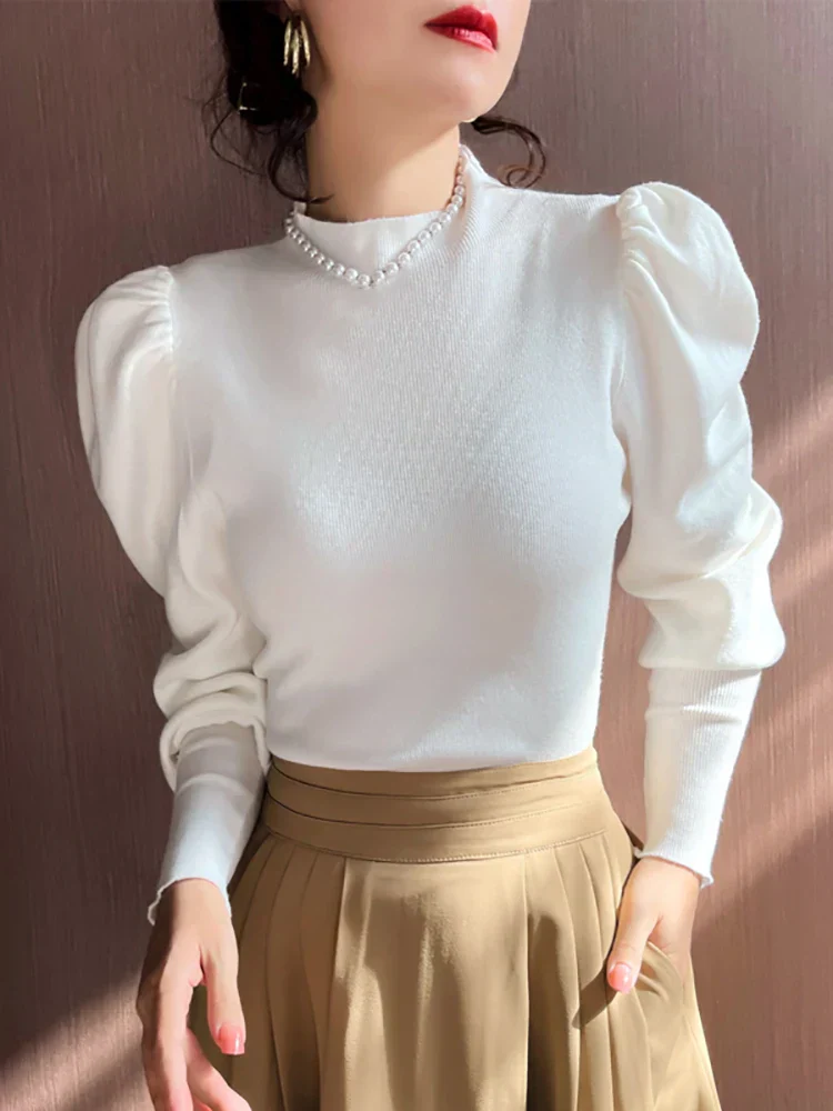 Rundhalsausschnitt Puff Long Sleeve Bluse für Damen - Image 2