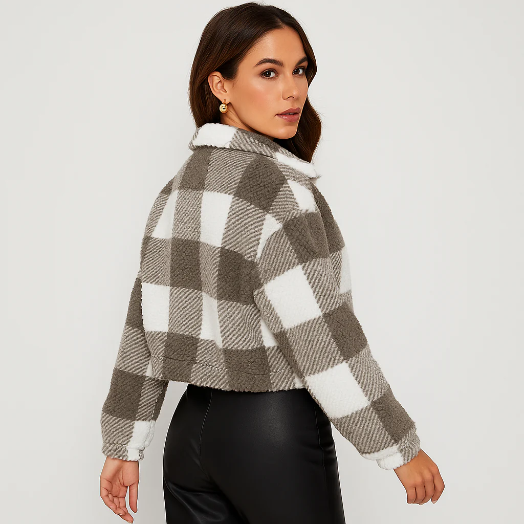 Sabine | Damen Kariertes Teddy-Fleecejacke mit Reißverschluss und Langarm