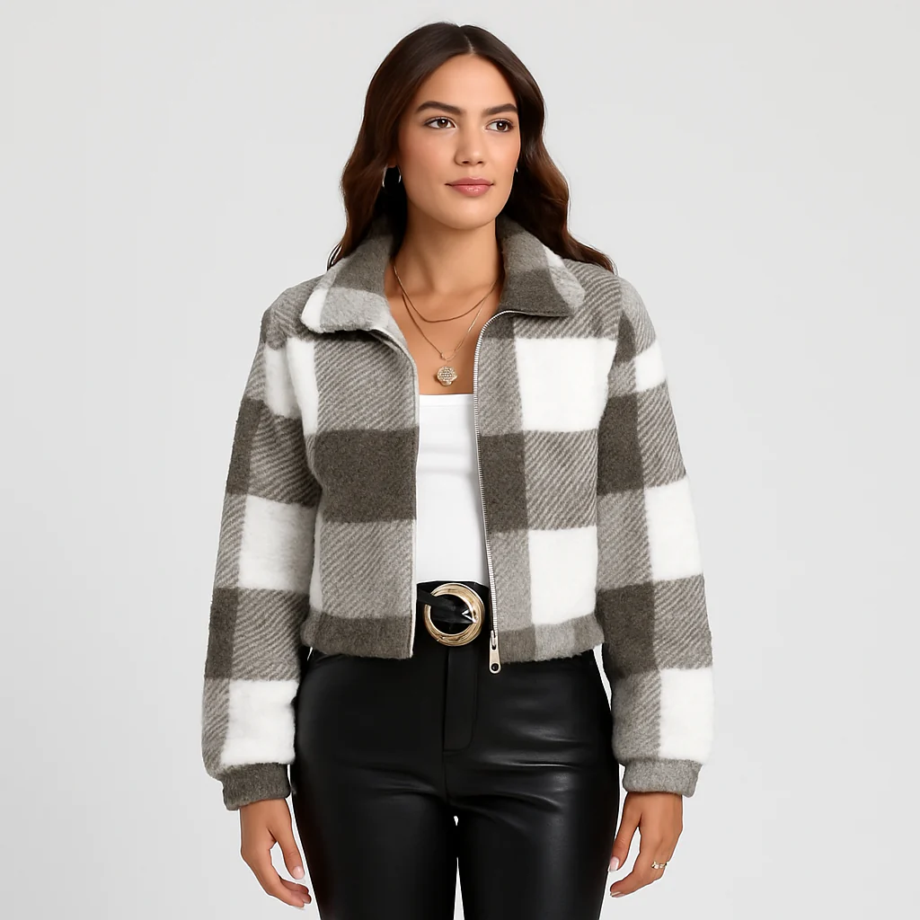 Sabine | Damen Kariertes Teddy-Fleecejacke mit Reißverschluss und Langarm - Image 2