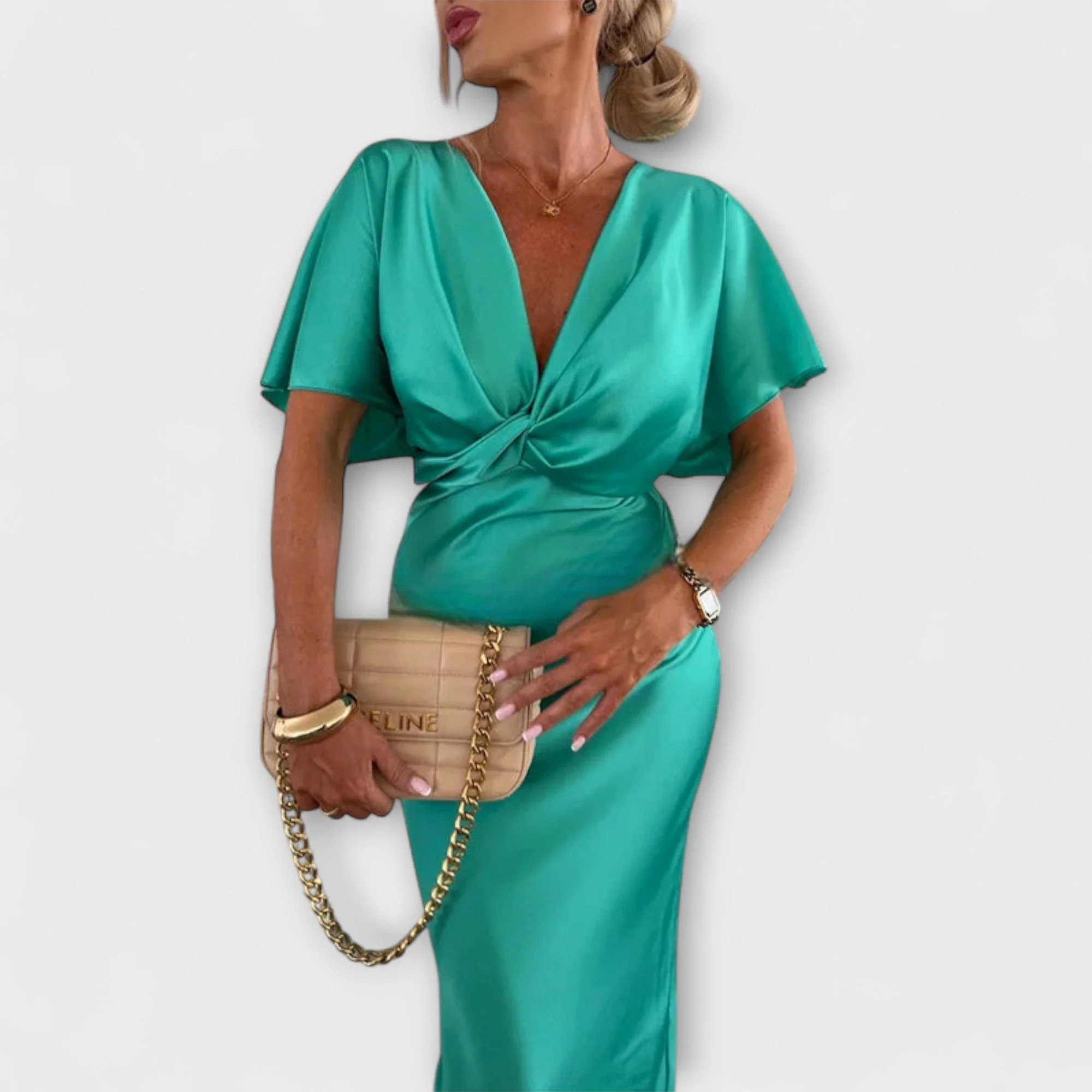 Sable - V-Ausschnitt Maxikleid mit Kreuzknoten und figurbetonter Passform aus hochwertigem Satin - Image 3