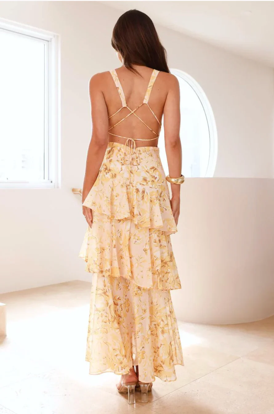 Sarah | Langes Kleid mit V-Ausschnitt und Volants Blume - Image 3