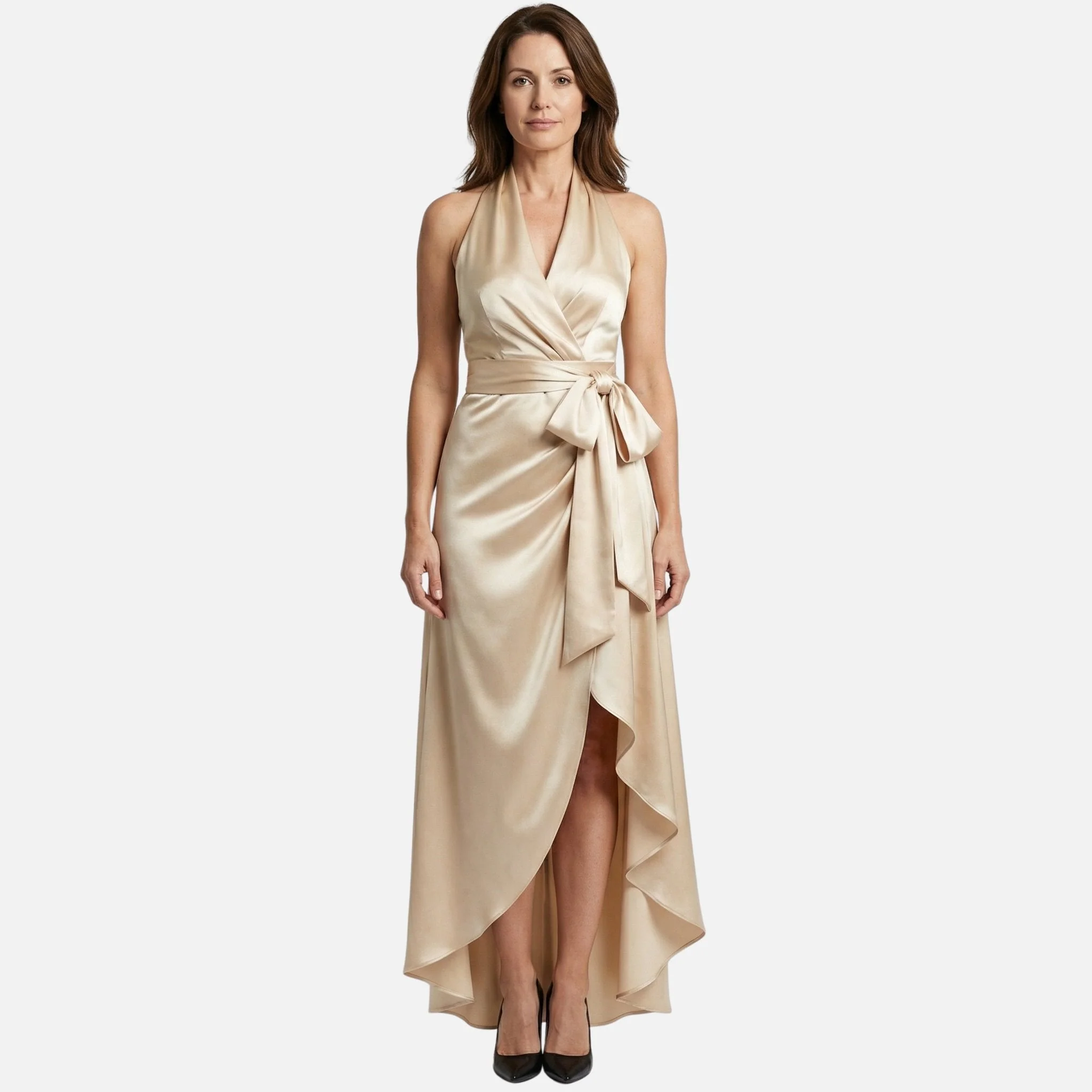 Diana | Damen Satin Wickel Maxikleid Neckholder – Satin Maxi Elegantes Kleid