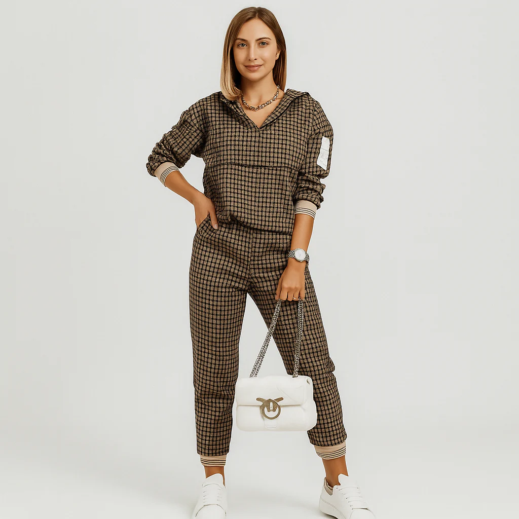 Schicker 2-teiliger Trainingsanzug für Damen – Kariertes Reißverschlussoberteil & schmal zulaufende Hose mit Seitenstreifen - Image 2