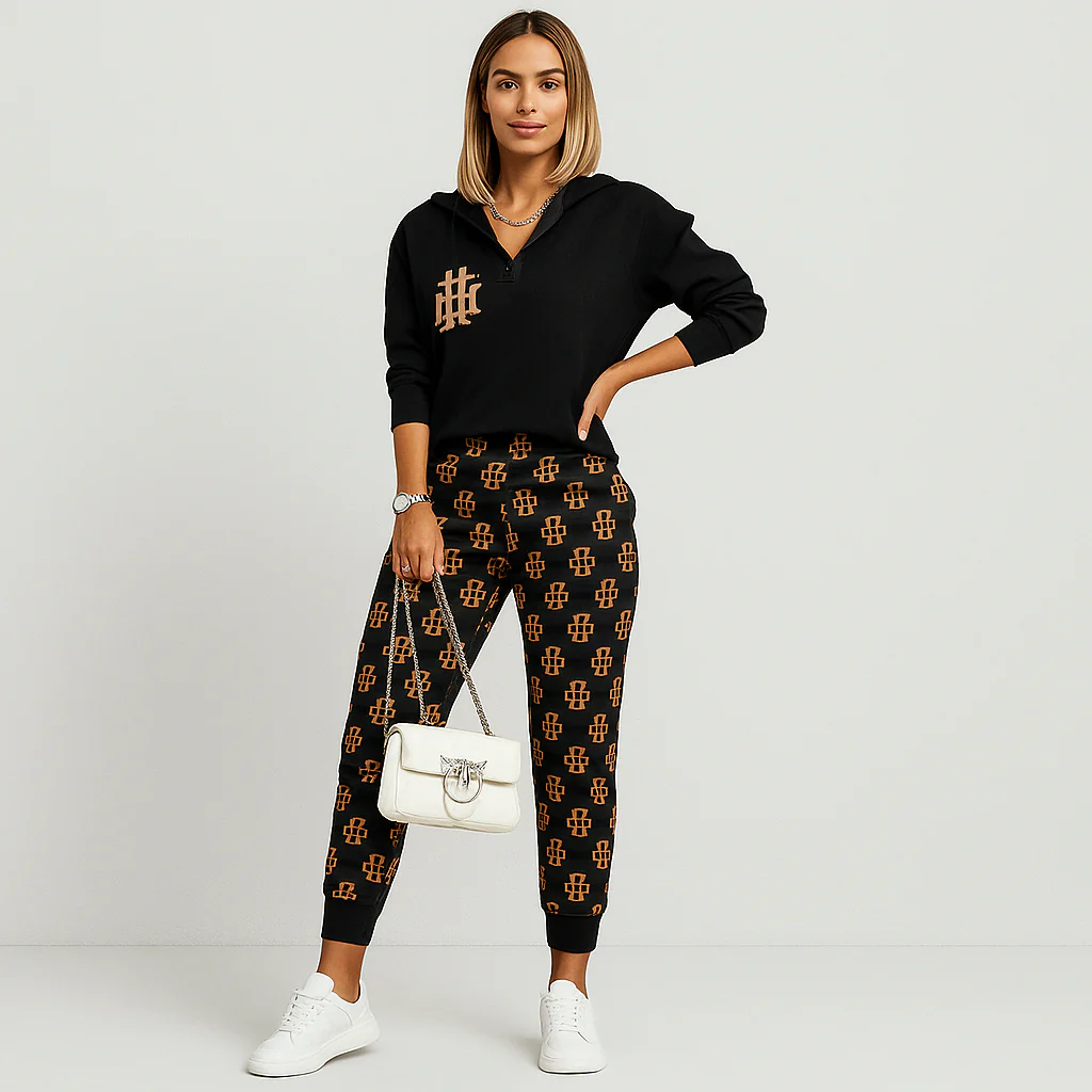 Schicker 2-teiliger Trainingsanzug für Damen – Kariertes Reißverschlussoberteil & schmal zulaufende Hose mit Seitenstreifen - Image 3