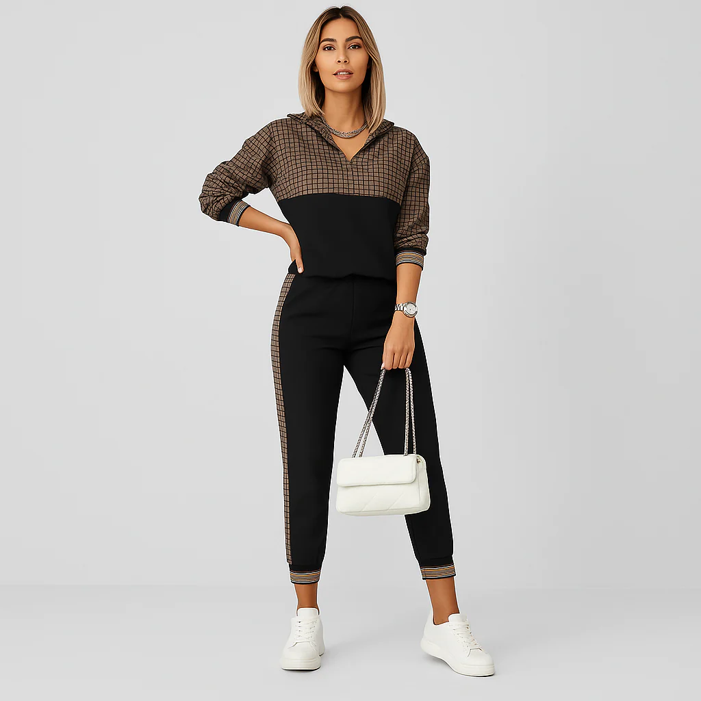 Schicker 2-teiliger Trainingsanzug für Damen – Kariertes Reißverschlussoberteil & schmal zulaufende Hose mit Seitenstreifen - Image 4