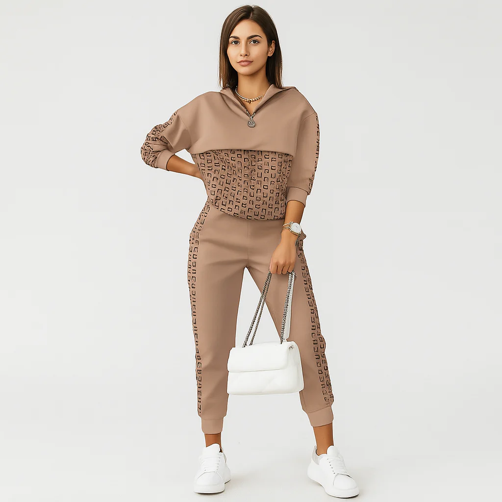 Schicker 2-teiliger Trainingsanzug für Damen – Kariertes Reißverschlussoberteil & schmal zulaufende Hose mit Seitenstreifen - Image 5