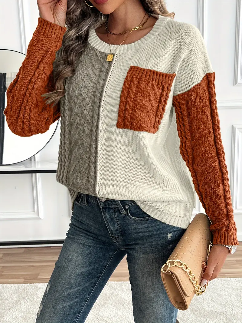 SCHICKER FARBBLOCK RUNDHALS-PULLOVER FÜR DAMEN | MODERN, VIELSEITIG, KOMFORTABEL - Image 3
