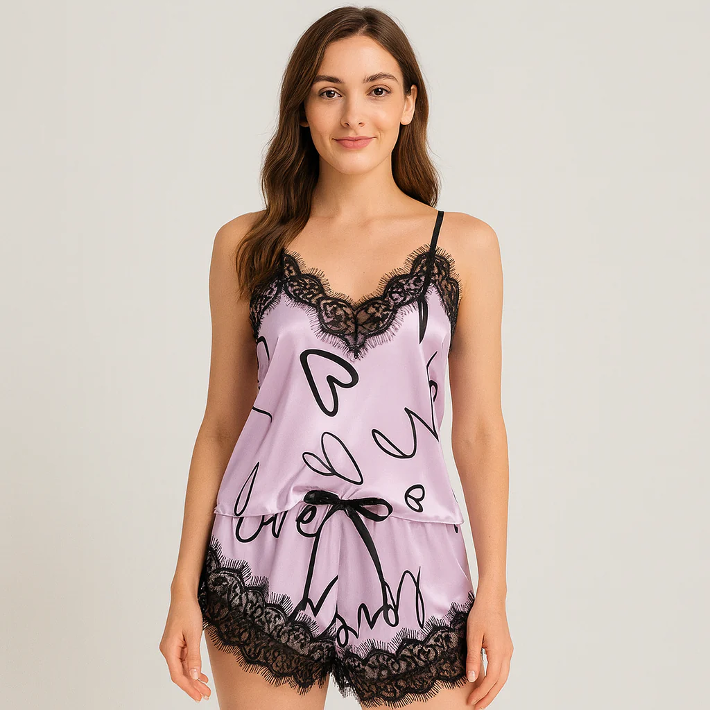 Schickes Spitzen-Pyjama-Set für Damen – Stilvoller Buchstabendruck mit Schleifendetail für gemütliche Nächte