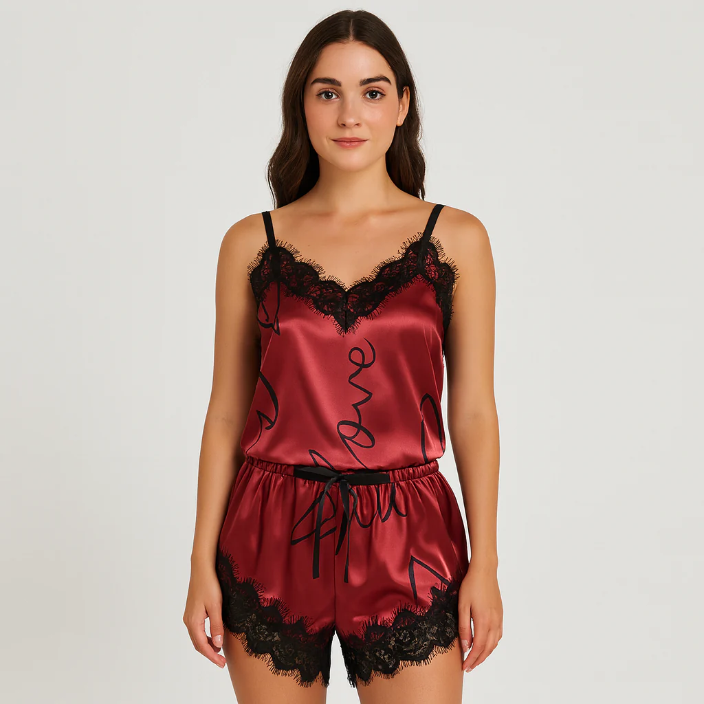 Schickes Spitzen-Pyjama-Set für Damen – Stilvoller Buchstabendruck mit Schleifendetail für gemütliche Nächte - Image 2