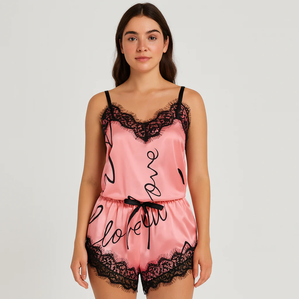 Schickes Spitzen-Pyjama-Set für Damen – Stilvoller Buchstabendruck mit Schleifendetail für gemütliche Nächte - Image 3