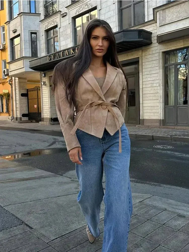Selena | Damen  V-Ausschnitt Langarm Wildlederjacke - Image 4