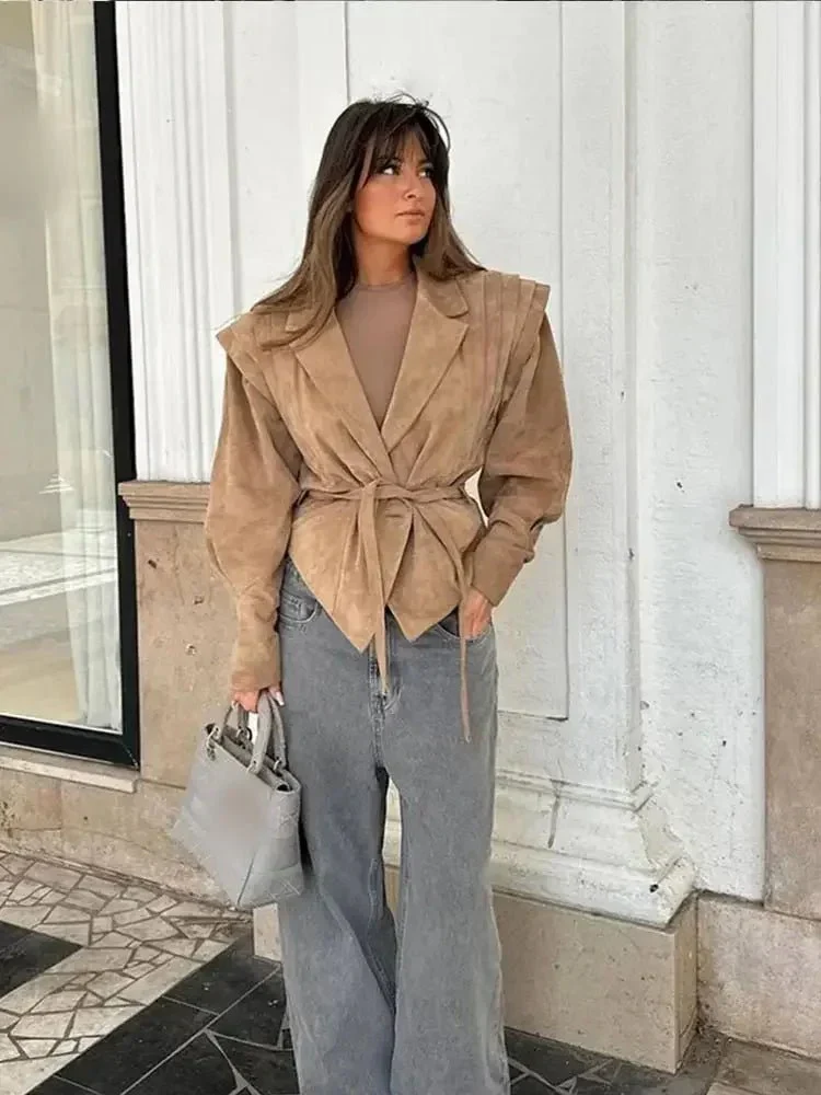 Selena | Damen  V-Ausschnitt Langarm Wildlederjacke - Image 6