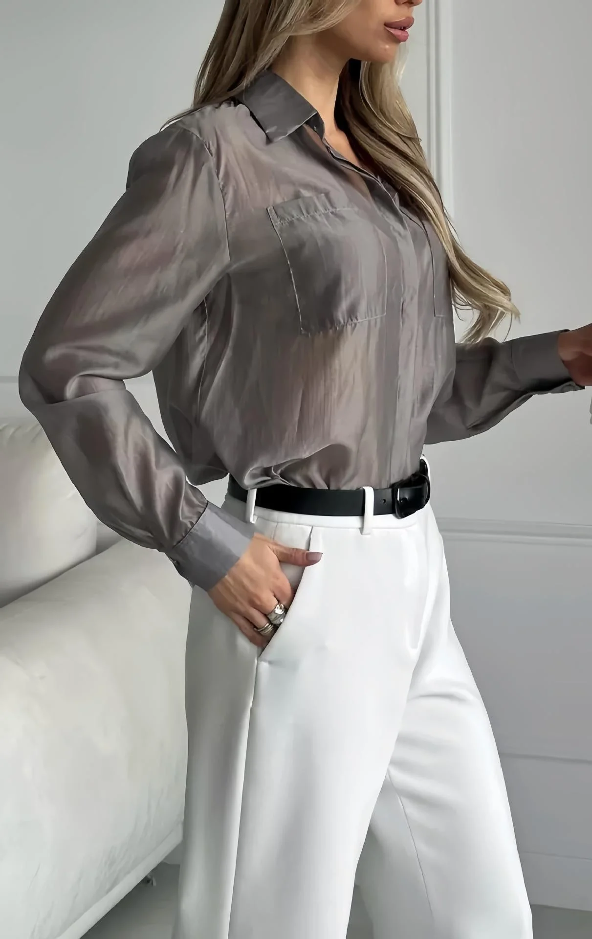Serena- Damen Transparente Bluse mit strukturiertem Gewebe - Image 3