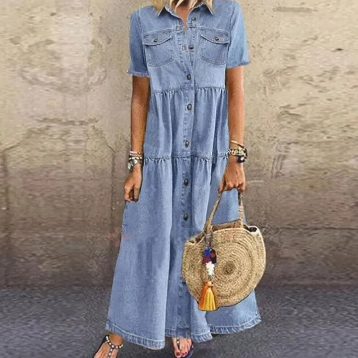 Simone- Lässiges Kurzarm Kleid Mit Tasche - Image 3