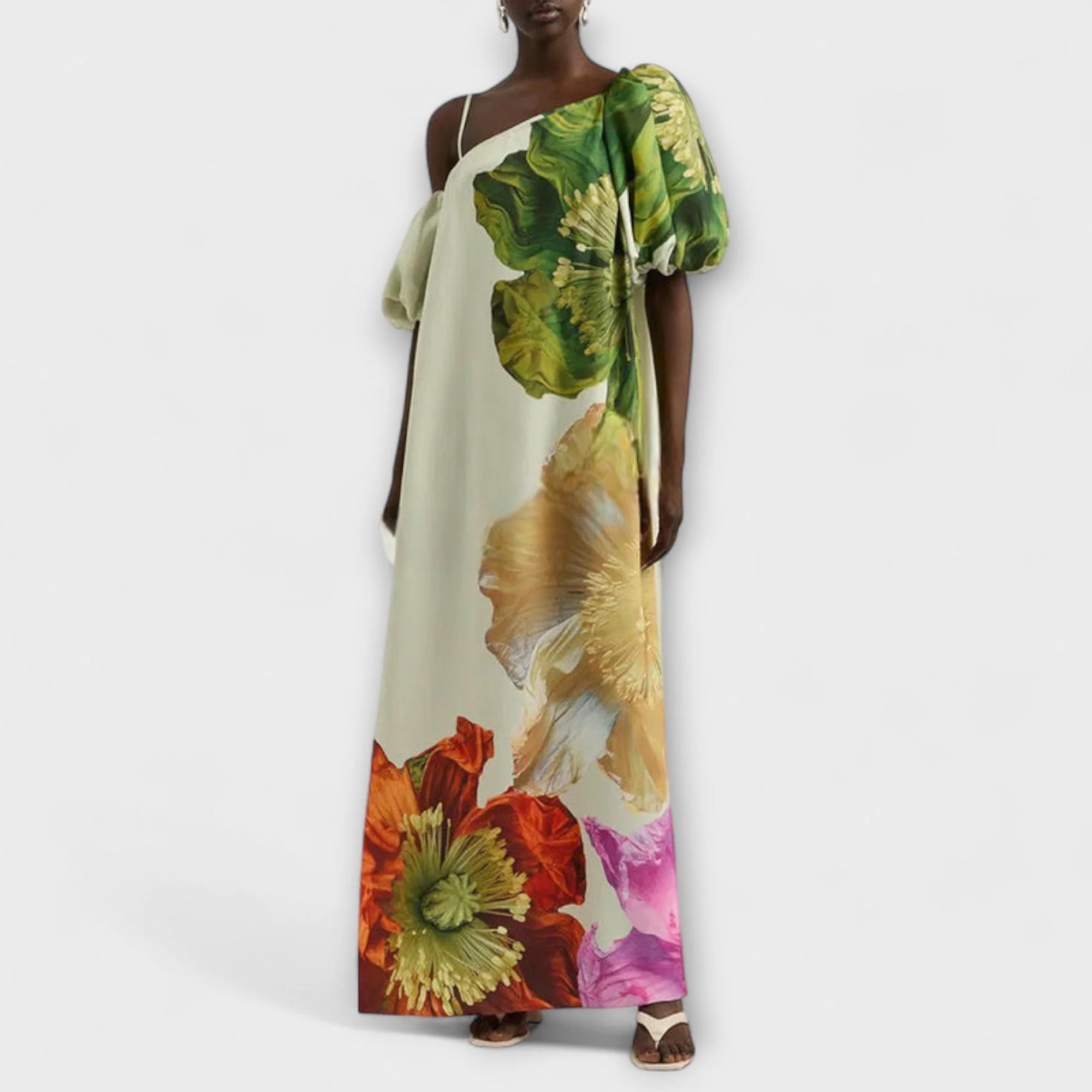 Skylar - Floral Print Maxi Dress with Asymmetrical Neckline and Puff Sleeves - Image 2