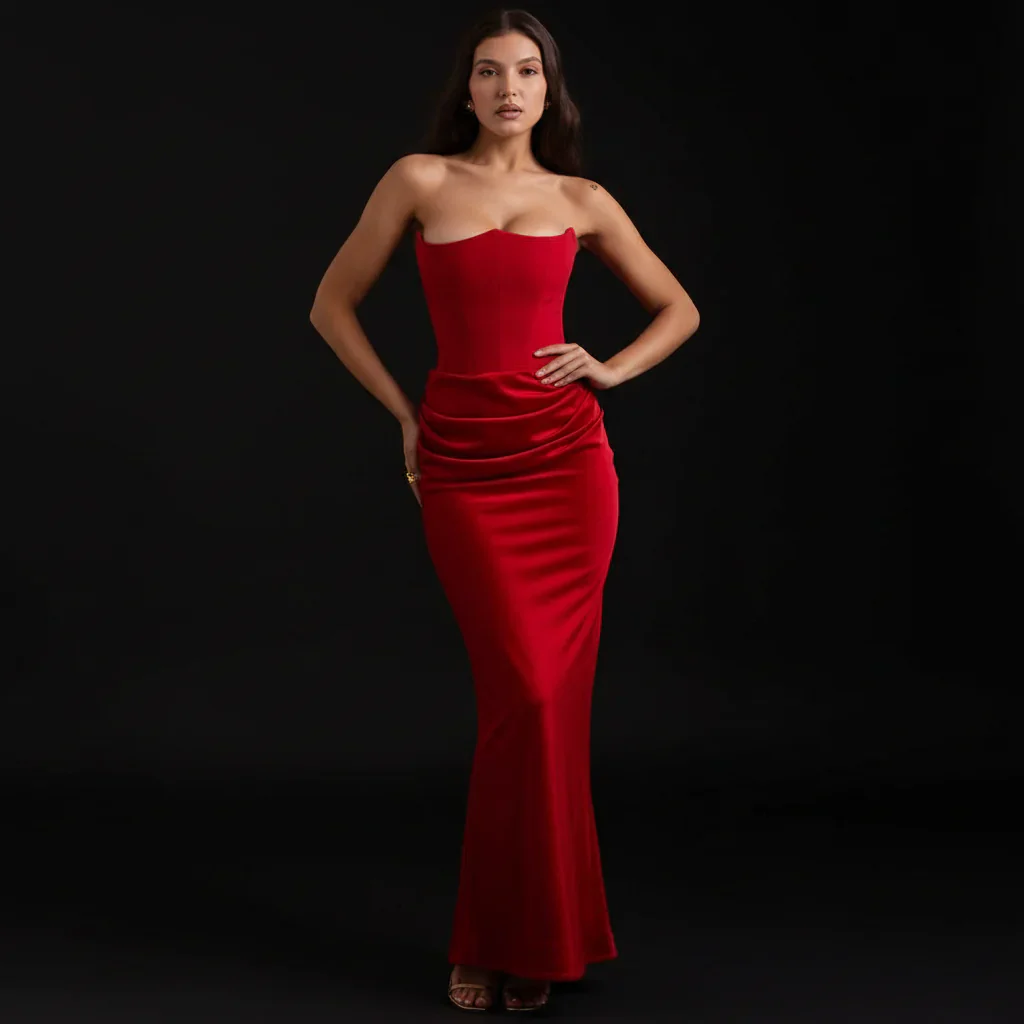 Sabrina | Damen Trägerloses Korsett Maxikleid Satin – Satin Korsett Maxi 2026 - Image 33