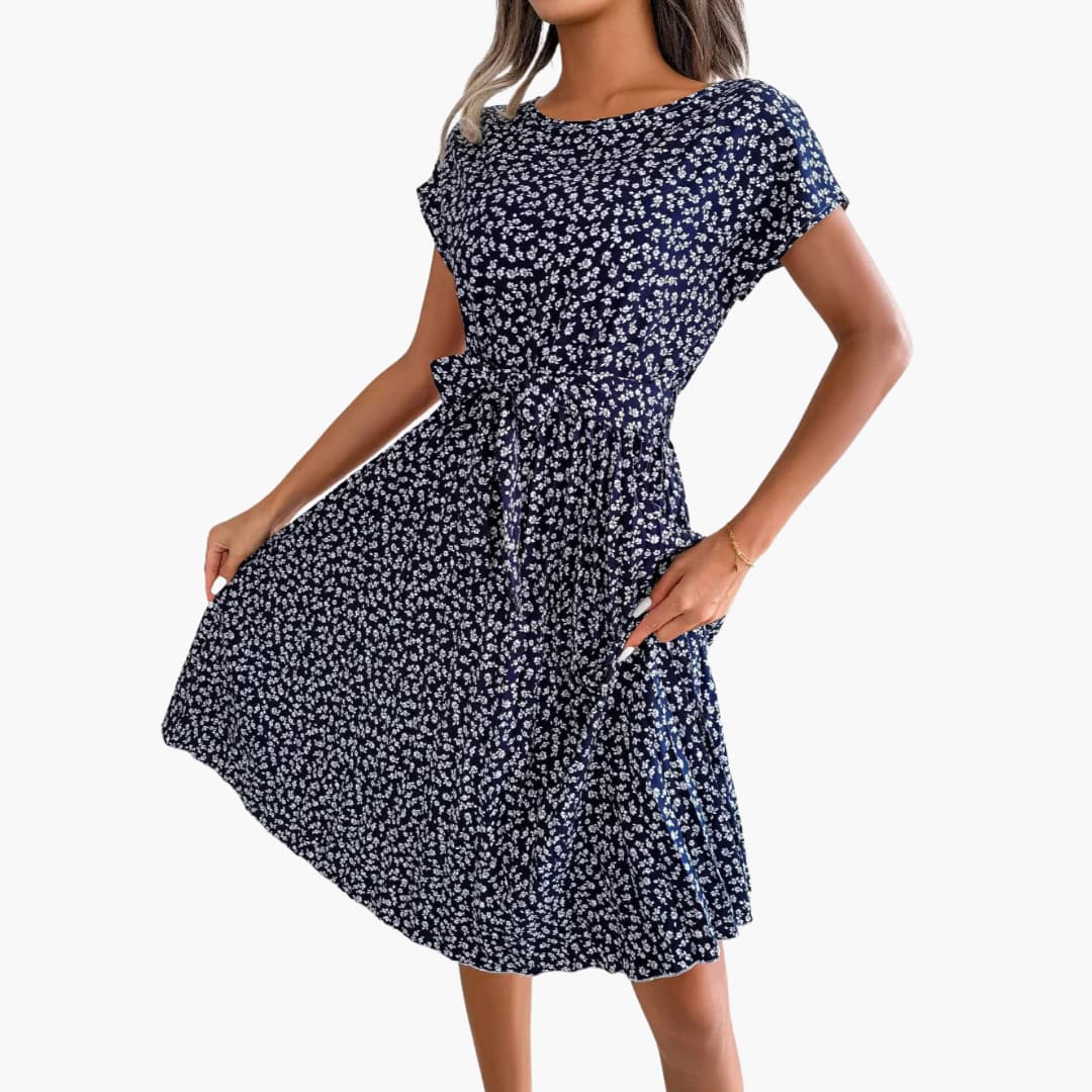 Sommerkleid Damen - Blumenkleid mit Gürtel und Kurzarm - Image 10