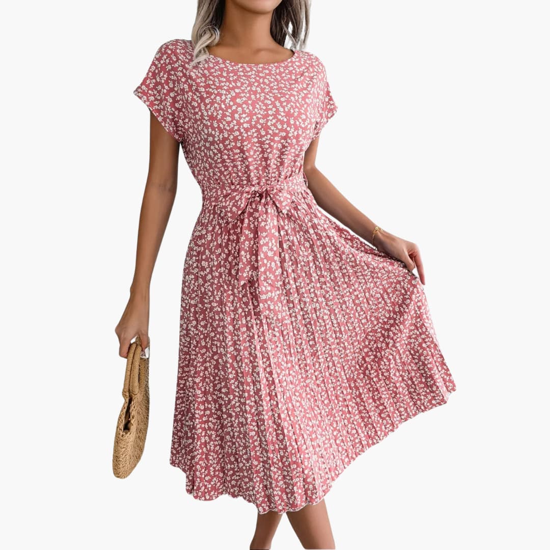 Sommerkleid Damen - Blumenkleid mit Gürtel und Kurzarm - Image 6