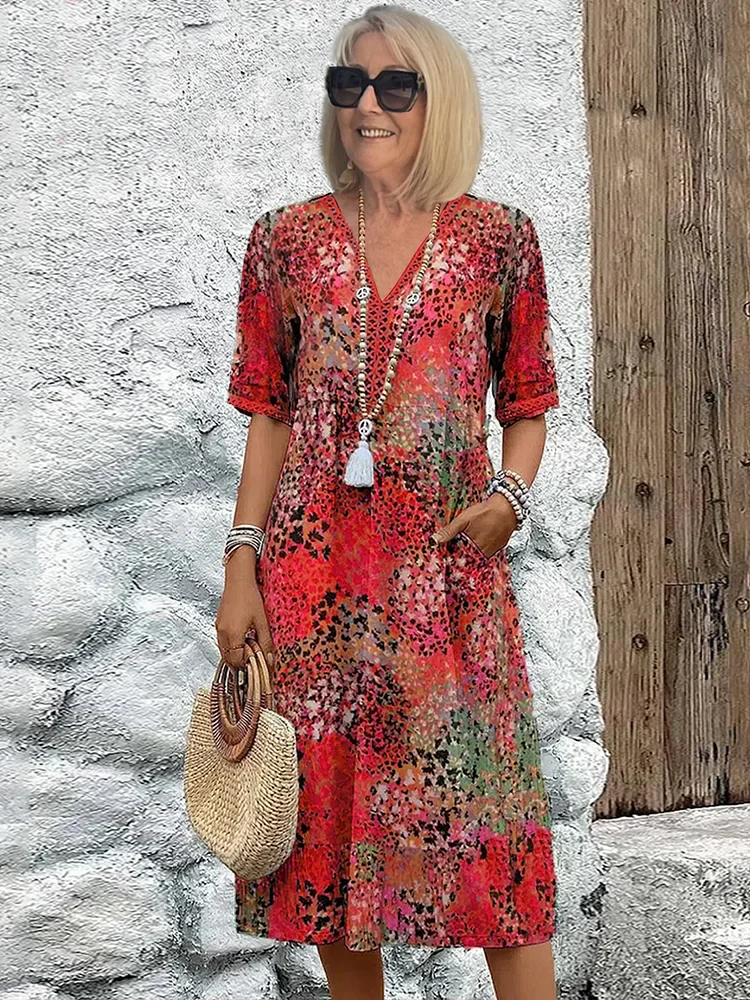 Sommerkleid mit V-Ausschnitt & Allover-Muster – Knielang & bequem - Image 3