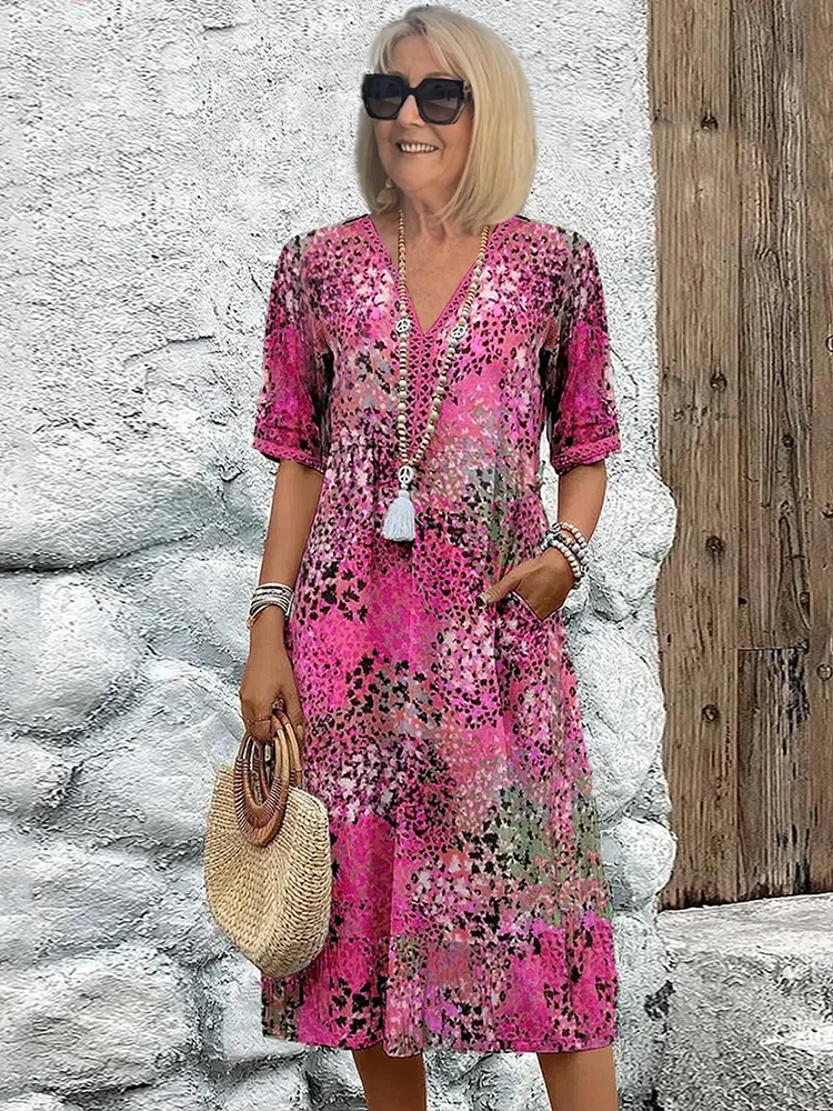 Sommerkleid mit V-Ausschnitt & Allover-Muster – Knielang & bequem - Image 5