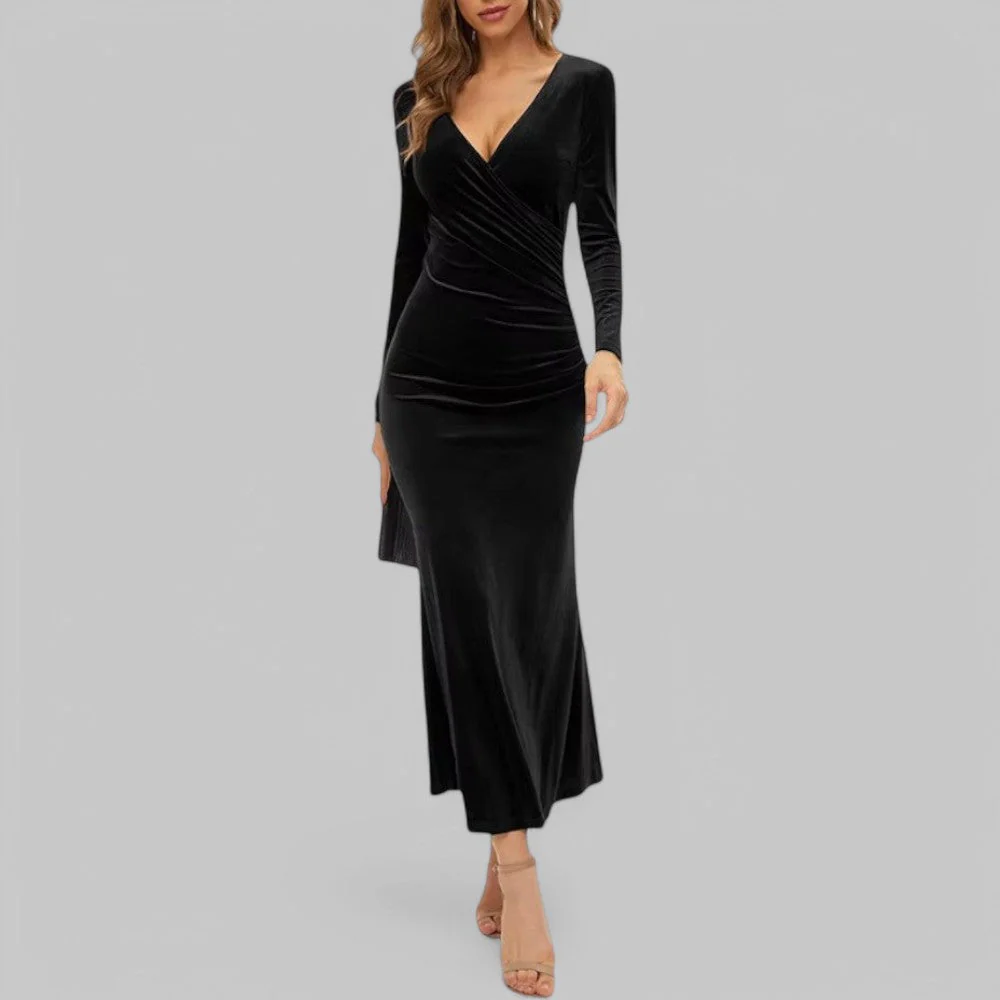Sophia | Samtiges langen Ärmeln V Ausschnitt Maxikleid - Image 5