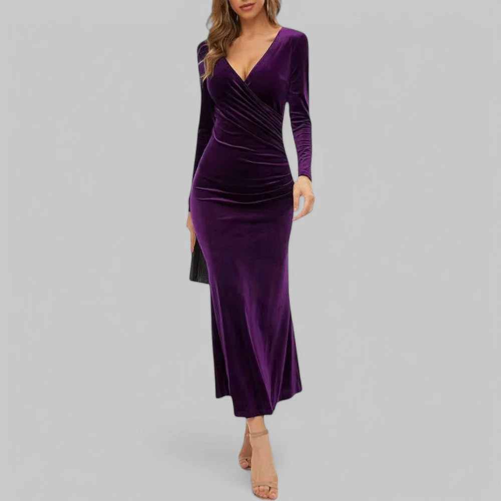 Sophia | Samtiges langen Ärmeln V Ausschnitt Maxikleid - Image 6