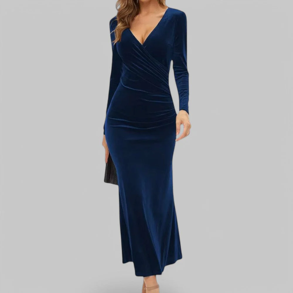 Sophia | Samtiges langen Ärmeln V Ausschnitt Maxikleid - Image 7
