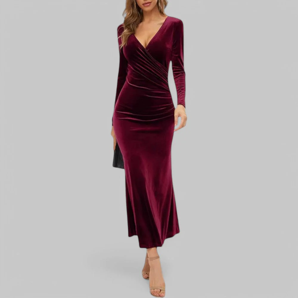 Sophia | Samtiges langen Ärmeln V Ausschnitt Maxikleid - Image 8