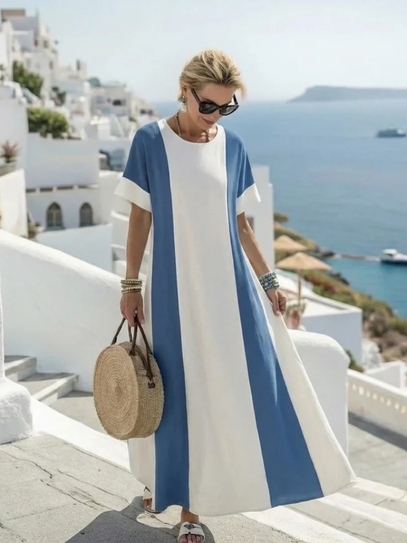 Soraya | Damen Maxikleid Farbblock Kurzarm Zeitlos - Image 2
