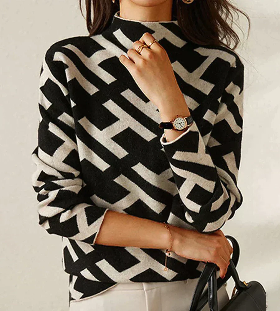 Stehkragen Pullover mit Vintage Druck und Streifen - Image 2