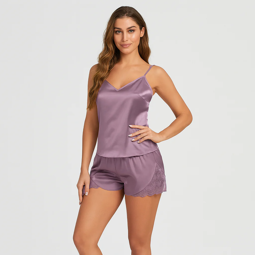 Stilvolles Satin-Pyjama-Set für Damen – mit elegantem Spitzenbesatz in Kontrastfarbe - Image 3