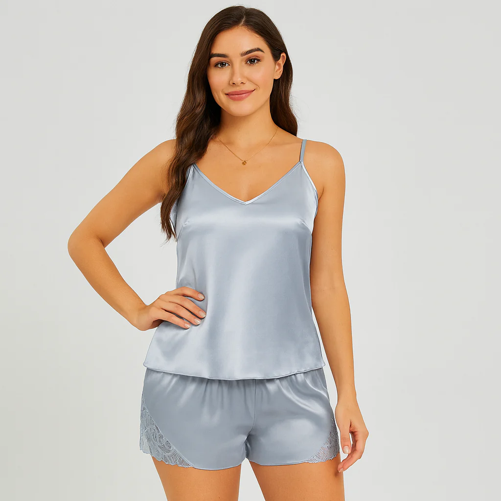 Stilvolles Satin-Pyjama-Set für Damen – mit elegantem Spitzenbesatz in Kontrastfarbe - Image 4