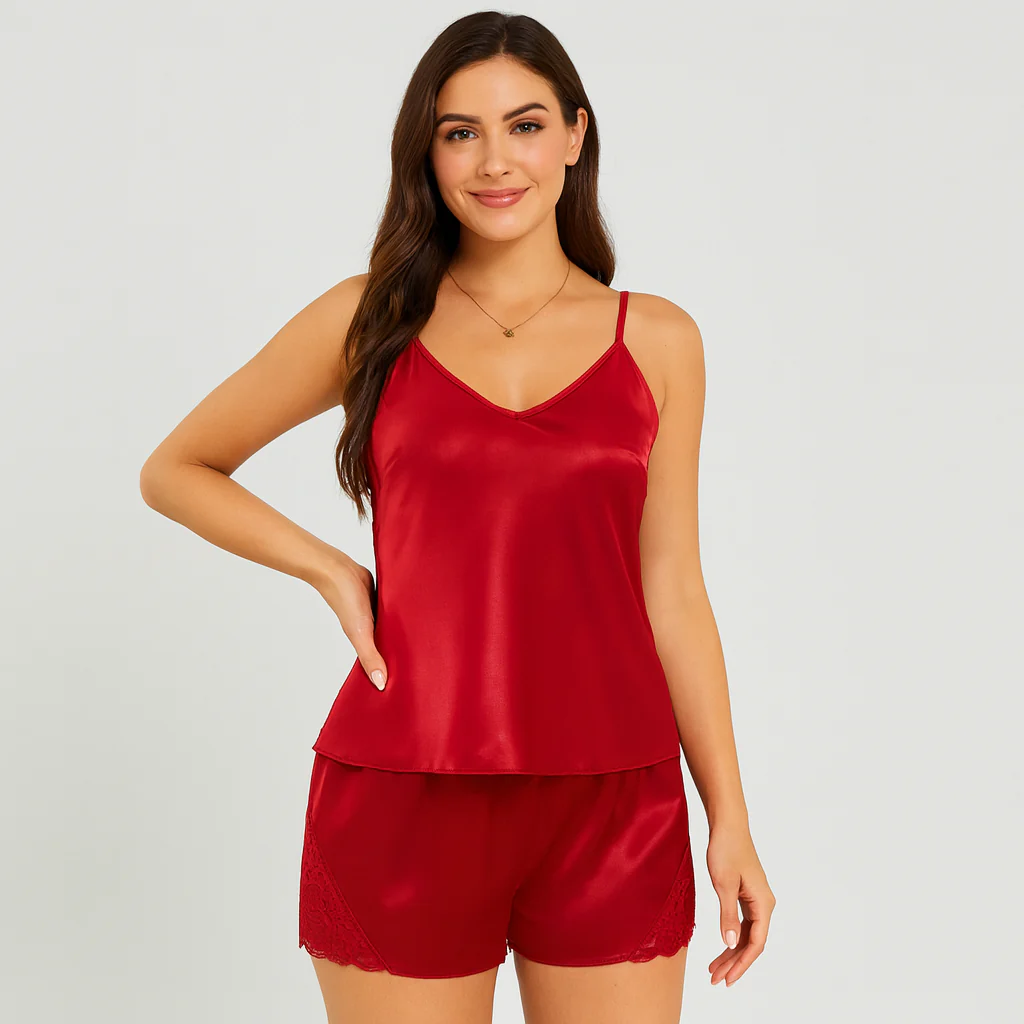 Stilvolles Satin-Pyjama-Set für Damen – mit elegantem Spitzenbesatz in Kontrastfarbe - Image 5