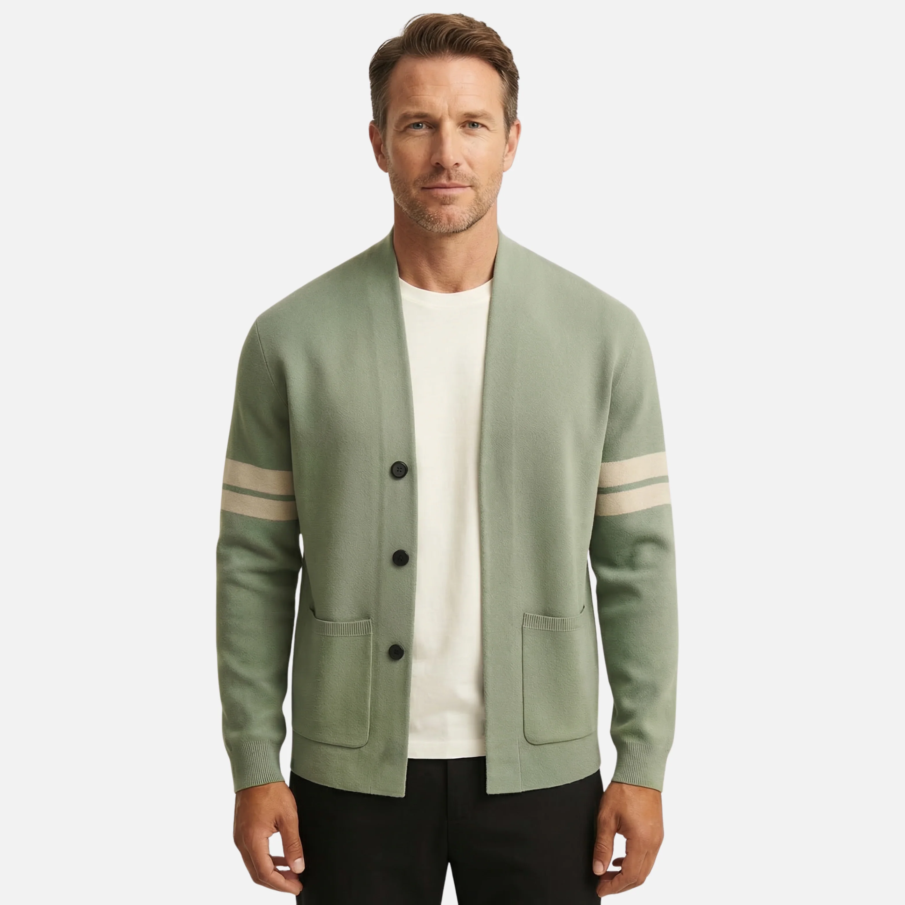 Erik | Herren Strick-Cardigan Gestreifte Ärmel Moderne Passform – Streifen Cardigan - Image 3