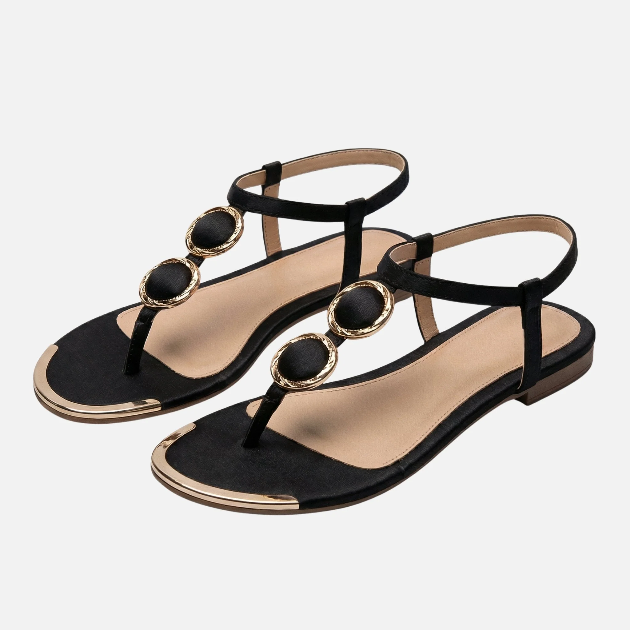 Lena | Damen Strukturierte T-Riemen Sandalen Gold-Details – T-Steg Sandalen Gold - Image 7