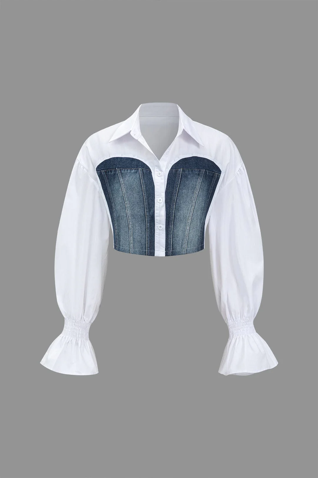 Sunniva | Cropped-Hemd mit Denim-Korsagen und voluminösen Ärmeln - Image 4