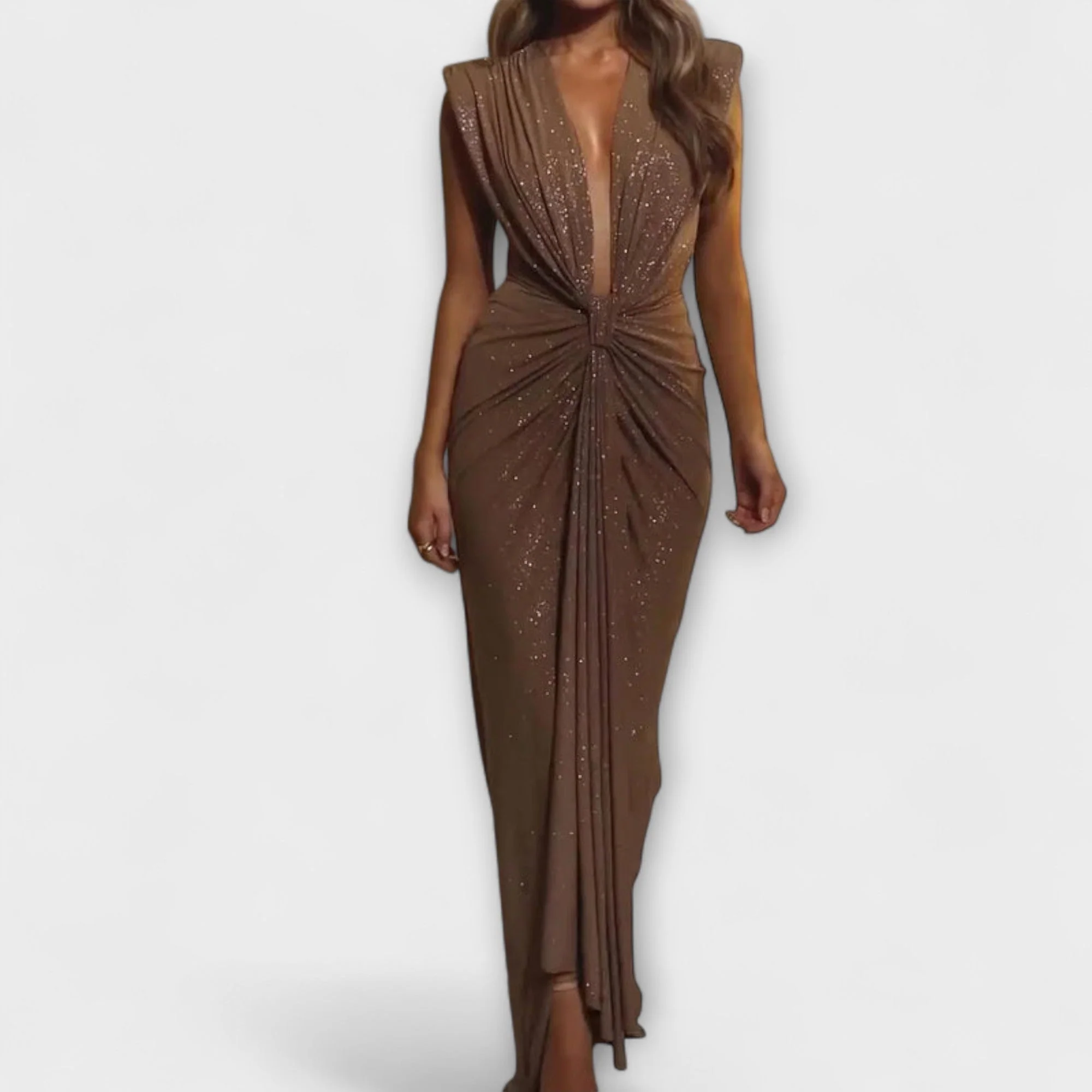 "Thea - Maxikleid mit tiefem V-Ausschnitt" could be rewritten as "Thea - Elegantes Maxikleid mit verführerischem V-Ausschnitt". - Image 5