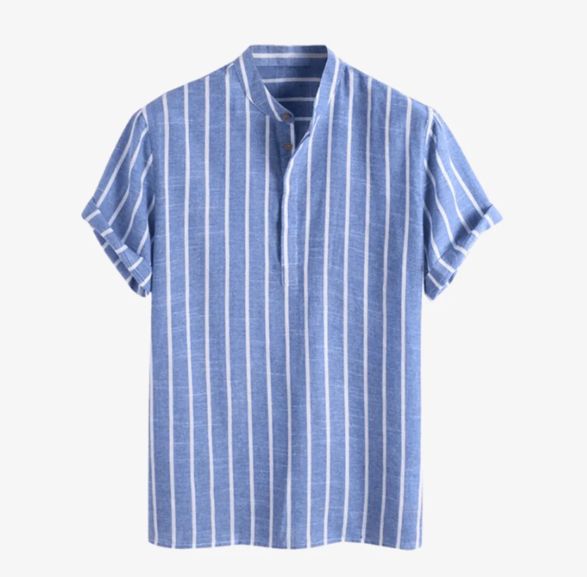 Thomas | Blau gestreiftes Herren Sommer Henley Leinenhemd - Image 2