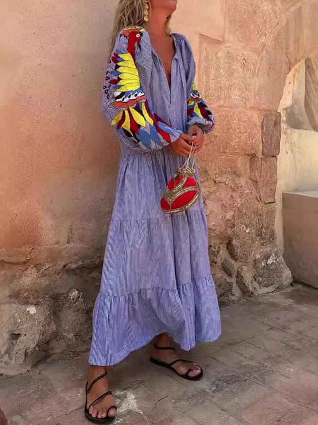 Tina- Damen Maxikleid mit bunten Puffärmeln und V-Neck - Image 2